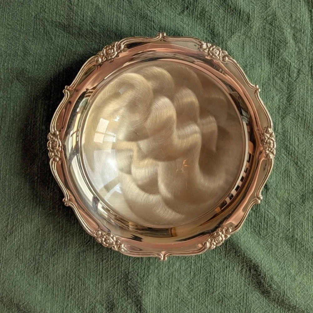 Good Art Contempo Brass Footed Bowl Rose Floral Border Made in Japan VTG